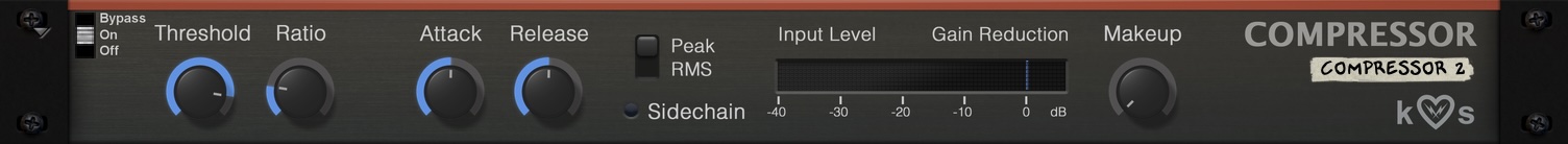 screen capture of the kiloHearts Compressor device in the Reason Rack. It's a half-height dark grey device, with a sleek and modern look.